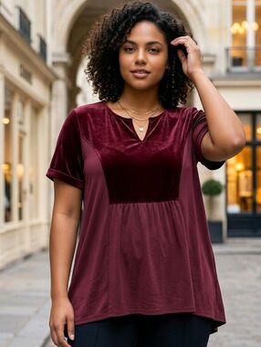 Hannah Burgundy Soft Velvet Velour High-Low Blouse Women’s Large Winter Elegance